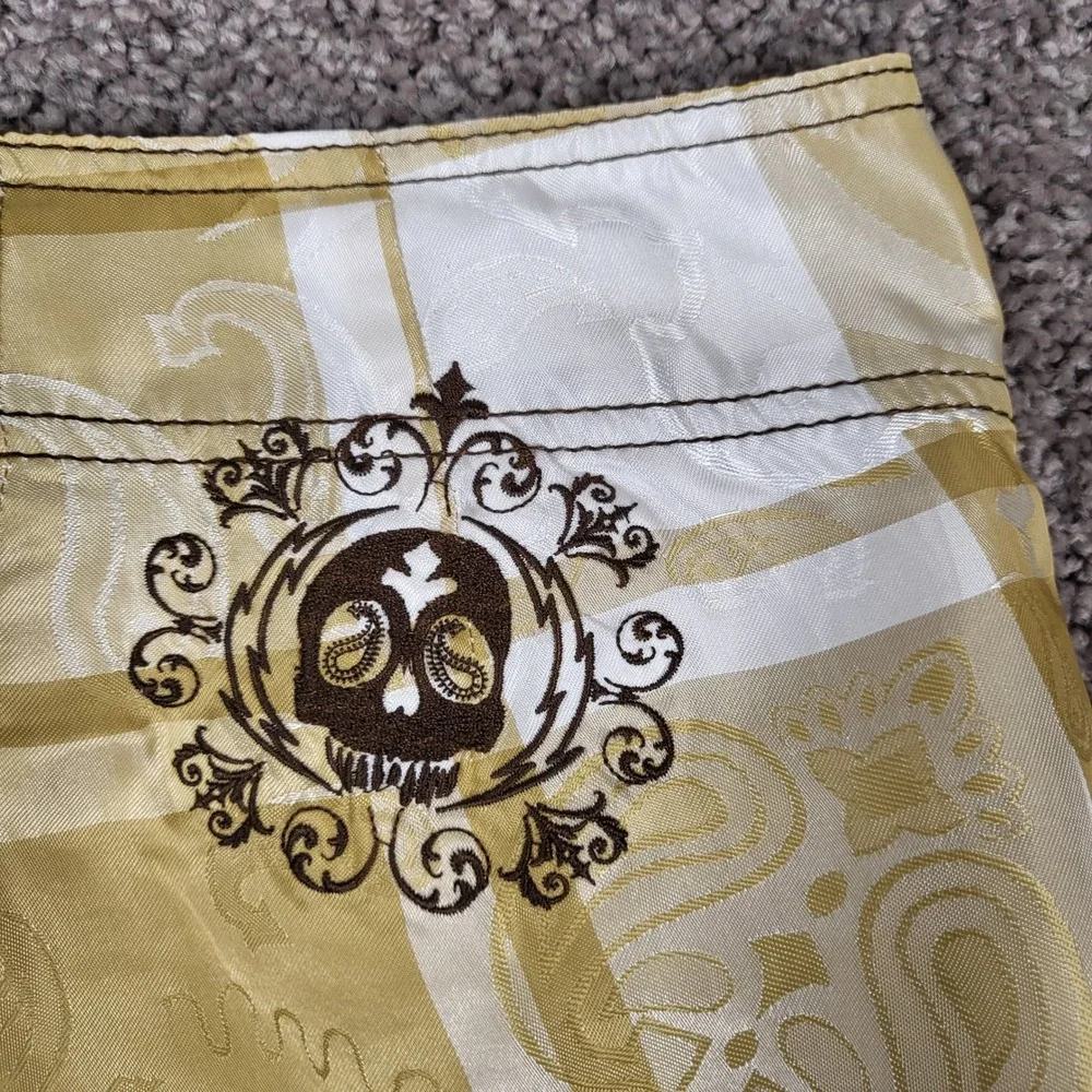 Billabong Men Board Shorts Plaid Paisley Skull Y2K Swim Trunks Gold Size 36 Rare